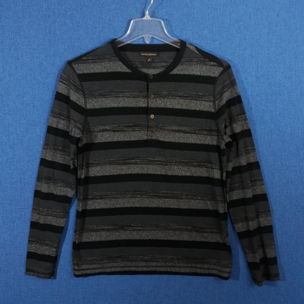 Banana Republic Shirt Mens Medium Henley Pullover Cotton Striped Black Gray